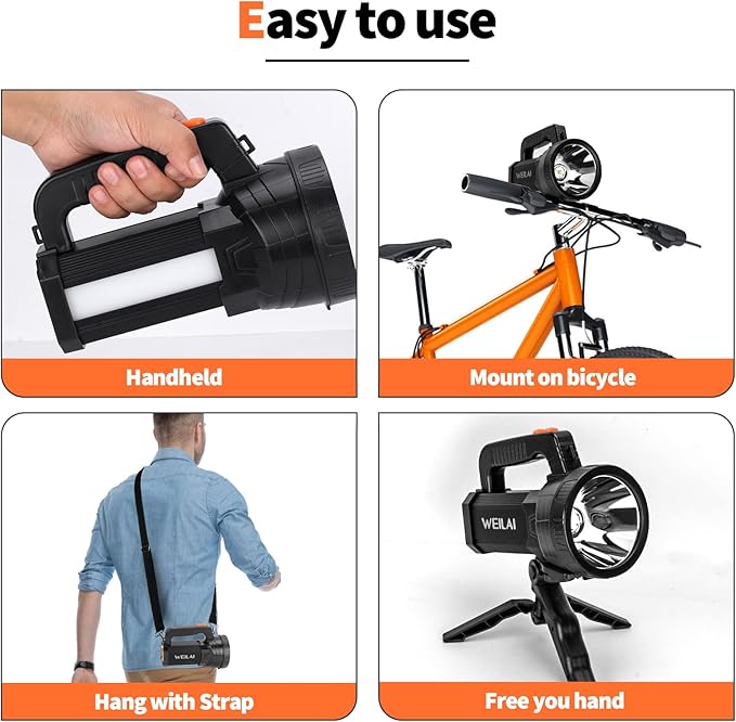 Superbright Handheld LED Spotlight Flashlight Powerful Searchlight USB Rechargeable Lantern with Power Bank Function Portable Camping Emergency Light (Yellow Light)