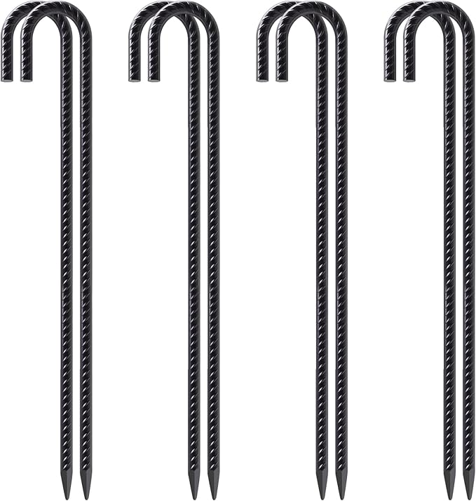 VVOKGO 24 Inch Rebar Stakes Heavy Duty J Hook Ground Anchors, 3/8 Inch Diameter Curved Steel Plant Support Garden Stake with Chisel Point end, Hammer Through for Camping Tent - Black Coated (8)