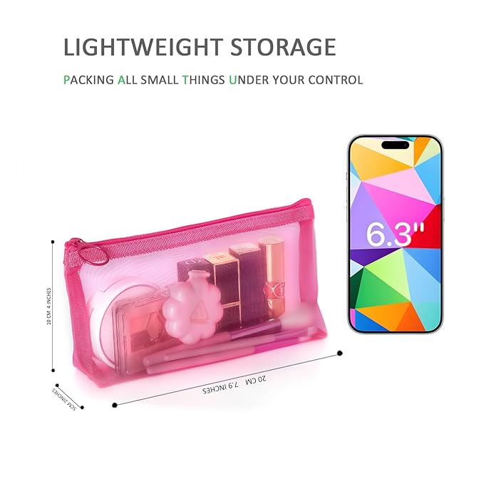 Patu Zipper Mesh Bags, Widened Long Case, 5 Pieces, Beauty Makeup Cosmetic Accessories Organizer, Travel Toiletry Kit Set Storage Pouch, Assorted Colors