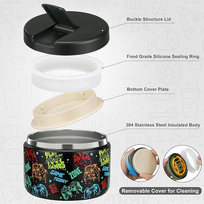 12oz Kids Soup Thermo for Hot Food Insulated Vacuum Food Jar with Buckle Lid, Stainless Steel Wide Mouth Leak Proof Lunch Container for School Travel 1 Pack