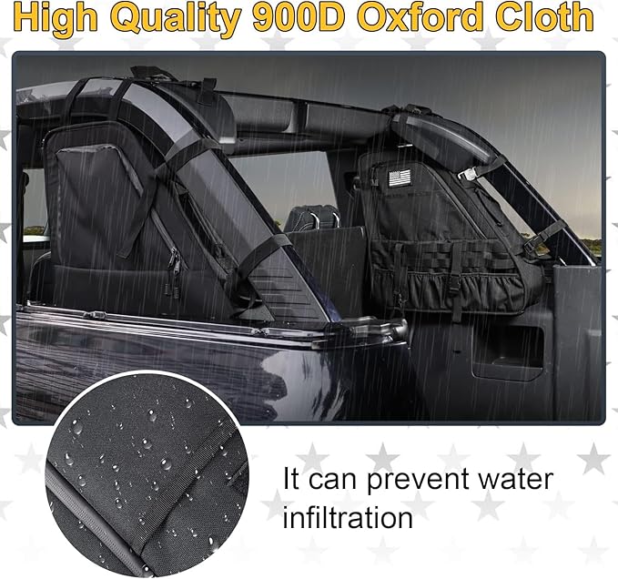 2Pcs Rear Roll Bar Storage Bags Car Trunk Cargo Cage Organizer Multi-Pockets Handbags Organizers Cargo Bag Saddlebag Kit Accessories for Ford Bronco Offroad 2/4 Door 2021-2024 (BLACK)