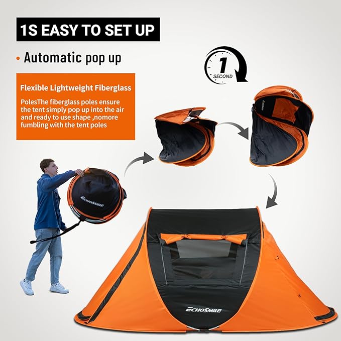 EchoSmile Camping Instant Pop Up Tent, 2/4/6/8/10 Person, Water Resistant Dome, Easy Setup for Camping Hiking and Outdoor, Portable with Carry Bag, 3 Season