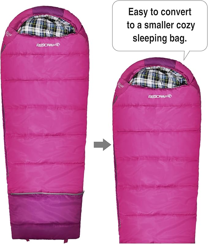 REDCAMP Kids Mummy Sleeping Bag for Camping, 3 Season Cold Weather Sleeping Bag Fit Boys,Girls & Teens, Blue/Rose Red