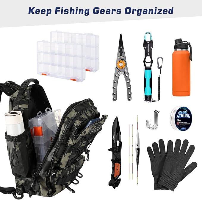 MoKo Fishing Backpack Sling Bag with Rod & Gear Holder, Nylon Waterproof Fishing Tackle Storage Bag for Fishing