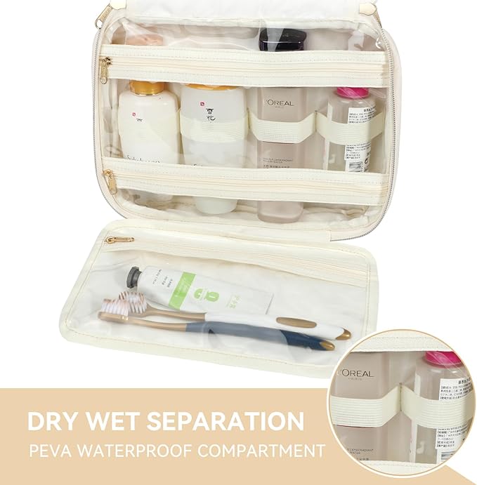 Voova Hanging Travel Toiletry Bag for Women Men, Waterproof Makeup Cosmetic Organizer Holder for Toiletries Accessories, Traveling Essentials,Shampoo,Full-Sized Container, Brushes Kit Set, Beige