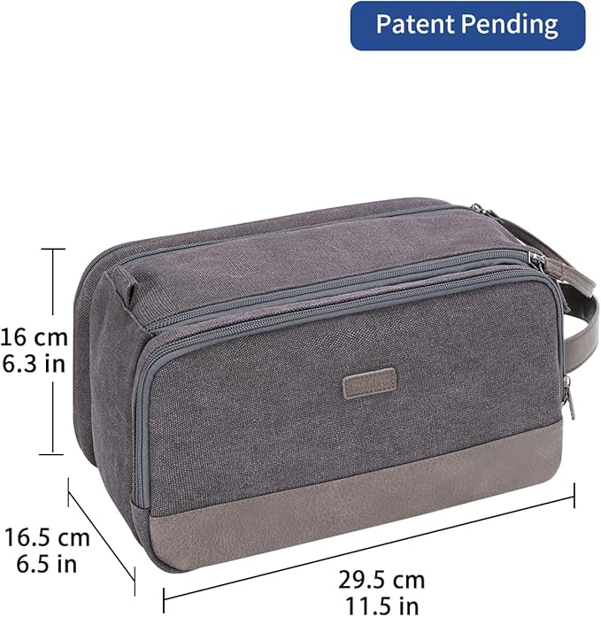 WANDF Toiletry Bag for Men Travel Toiletry Organizer Canvas and Leather Dopp Kit Water-Resistant Shaving Bag for Travel Accessories (Grey, Patent Pending)
