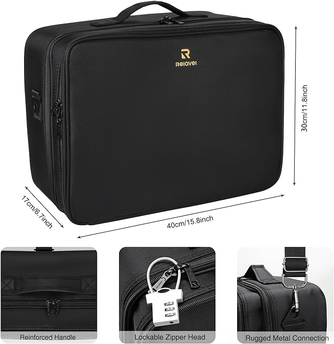 Relavel Makeup Case Extra Large Makeup Bag for Women Travel Makeup Artist Box Nail Polish Cosmetic Brush Storage Organizer with Adjustable Plastic Dividers Black