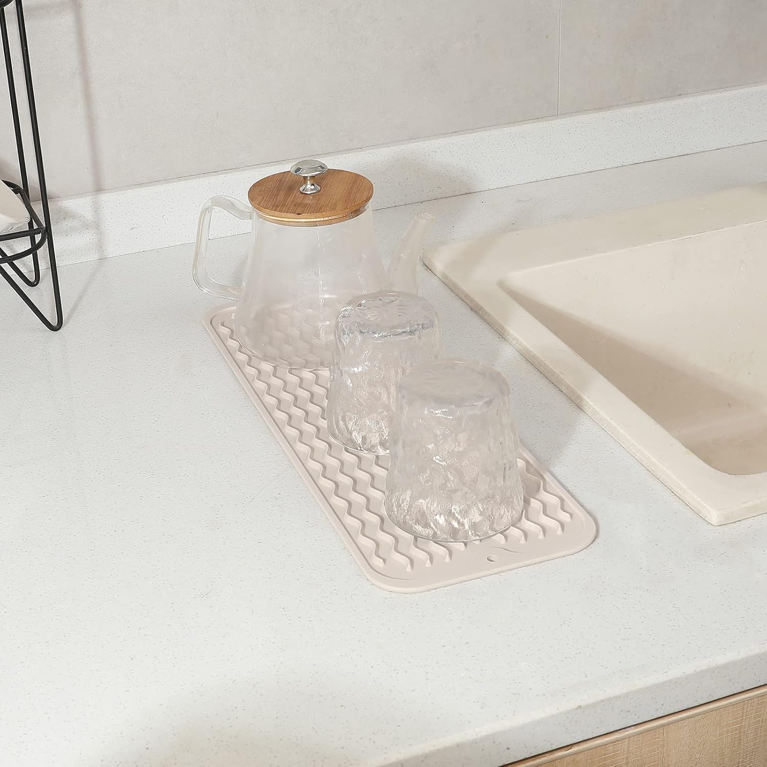 Silicone Dish Drying Mat for Multiple Usage,Easy clean,Eco-friendly,Heat-resistant Silicone Mat for Kitchen Counter,Sink,Bar,Bottle,or Cup Tapioca M 17 inches x 6 inches