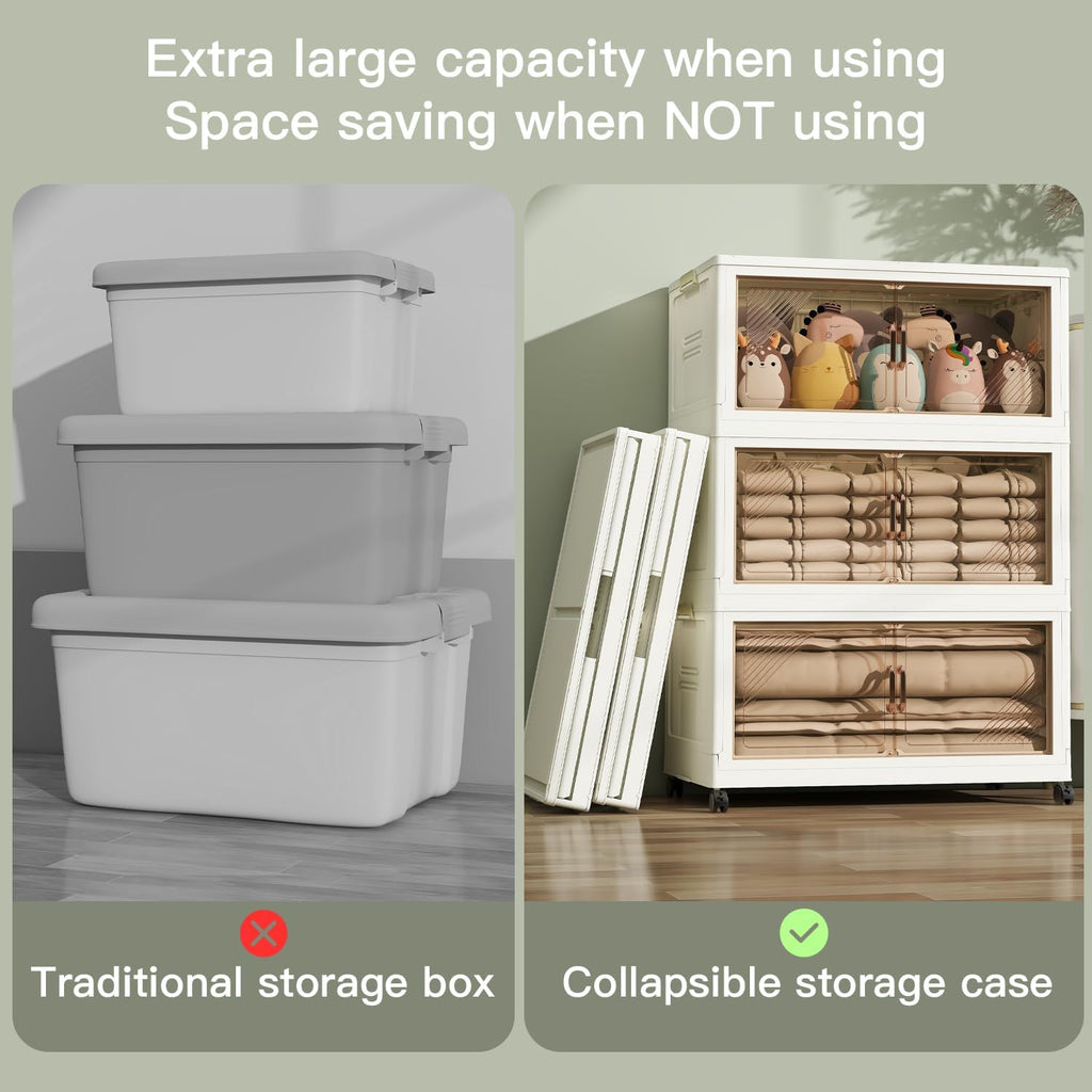 KHNR 4Packs Stackable Storage Bins with Lid, 36 Gal Closet Organizer and Storaging Drawer, Collapsible Storage Box with Wheels, Plastic Clothes Storage Cabinet Containers for Home and Office