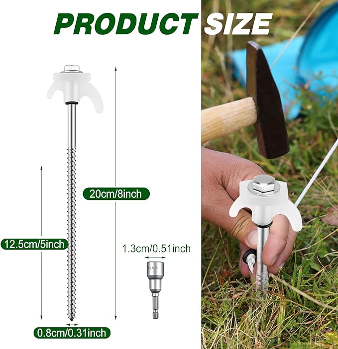 40 Pcs 8" Screw in Tent Stakes Heavy Duty Tent Stakes Drillable Ground Anchors Screw Metal Tent Pegs Threaded Tent Spikes with Head Driver for Swing Inflatable Decor (Illuminant White)