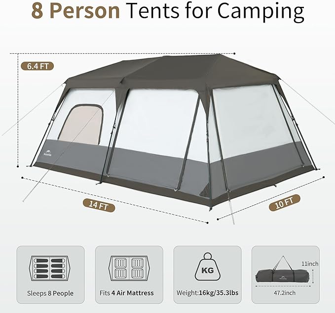 Naturehike Cape 4/6/8 Person Camping Tent, 60S Easy Setup Instant Tent Pop up Tent, Waterproof Large Tall 6/8 Person Tents for Camping, Car Camping