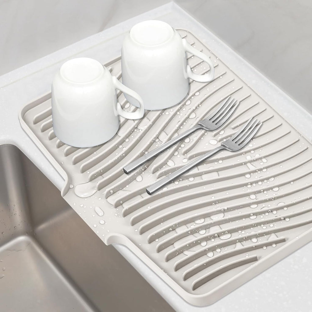 Silicone Dish Drying Mat for Kitchen Counter, Dish Drying Pad, Non-Slip Drain Pad with Built-in Drain, Heat Resistant Stone Drying Mat(15.8" x 13", Cream)