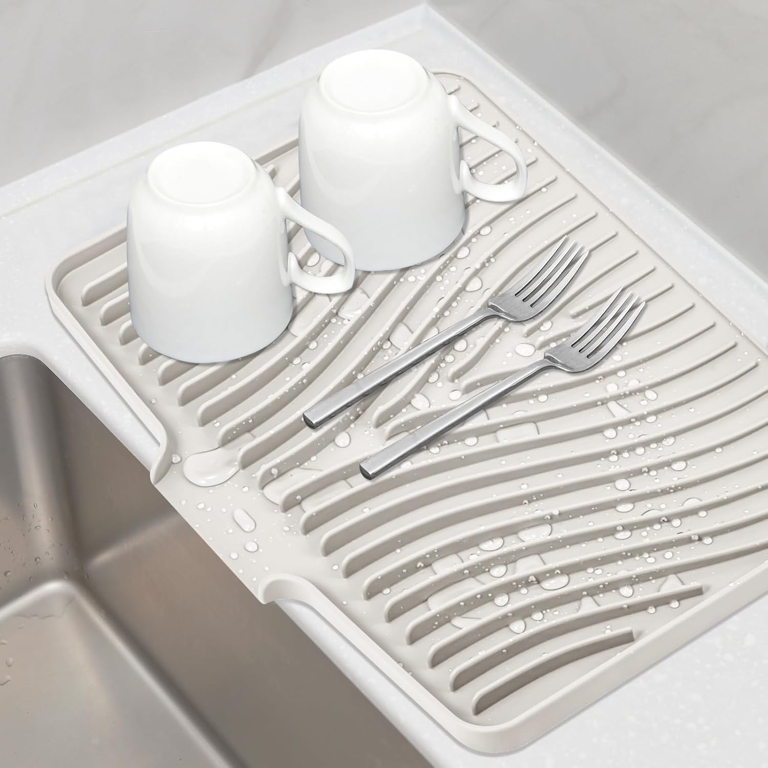 Silicone Dish Drying Mat for Kitchen Counter, Dish Drying Pad, Non-Slip Drain Pad with Built-in Drain, Heat Resistant Stone Drying Mat(15.8" x 13", Cream)