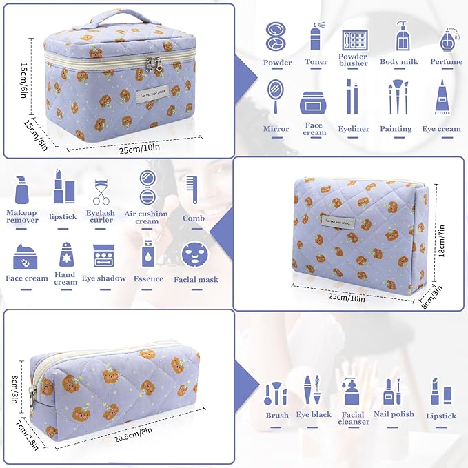 Quilted Makeup Bag Set, 3pc Large Floral Cosmetic Bag for Women, Cute Cotton Makeup Bags, Flower Travel Toiletry Organizer Bag (Blue Small Sheep)