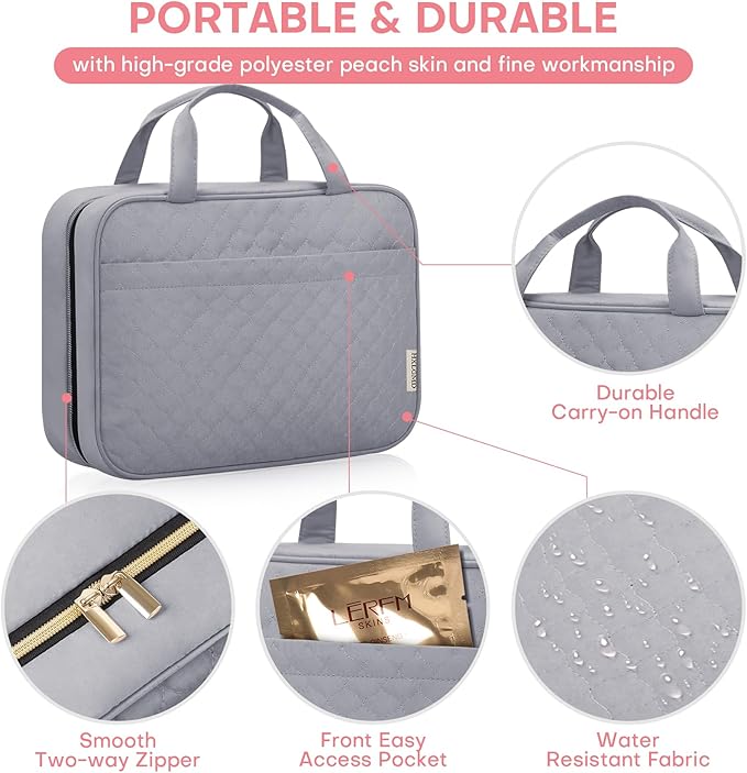 Travel Size Toiletry Bag for Women, Portable Cosmetic Bag with Hanging Hook, Travel Essentials Water-resistant Makeup Organizer for Accessories, Shampoo, Full-size Container, Toiletries