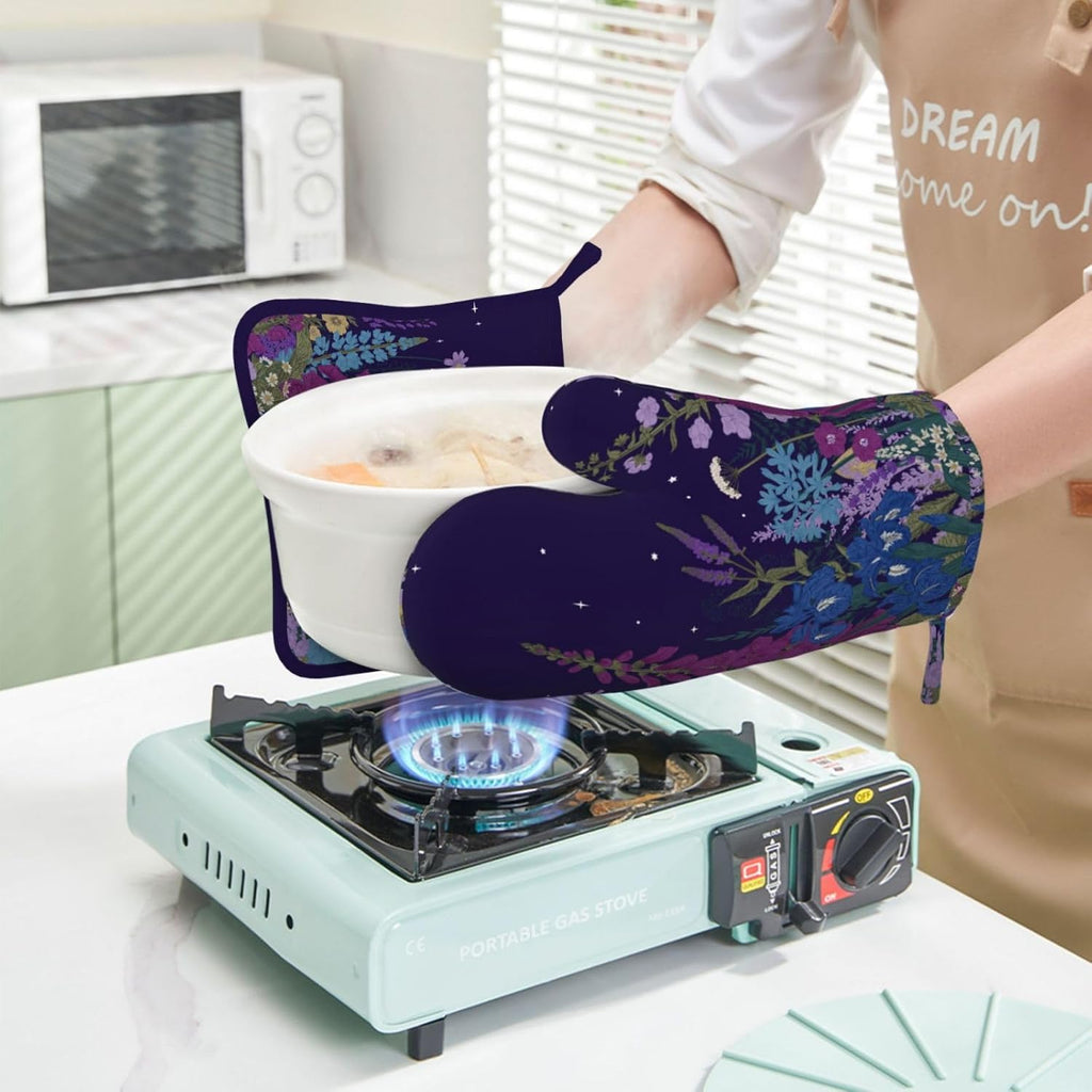 Wildflowers Florals Oven Mitts Pot Holders Set Silicone Heat Resistant Wildflowers Oven Mitts and Hot Pads Florals Potholders Non-Slip Oven Gloves for Cooking Baking Grilling BBQ