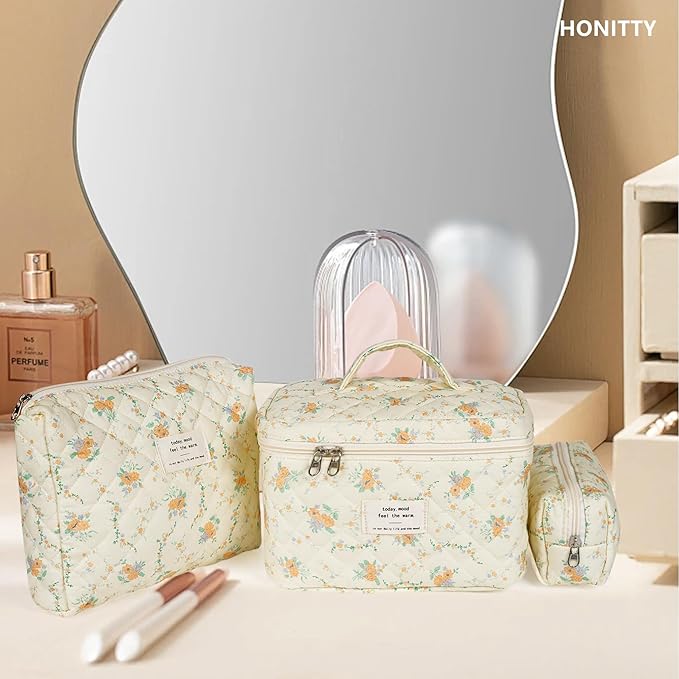 Makeup Bag,Quilted Cosmetic Bags,Large Floral Make Up Organize bag,Makeup Bag Set for Women,Flower Travel Toiletry Bag