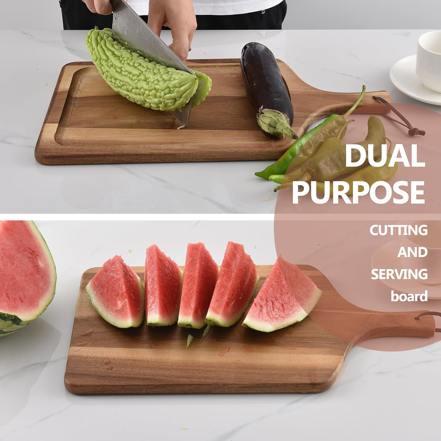 Acacia Wood Cutting Board with Handle, Wooden Chopping Board for Pizza Bread Cheese, Charcuterie Boards, Large Cutting Boards for Kitchen Decor, 17.7" X 9.8"