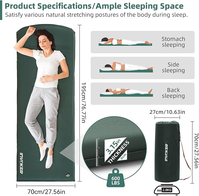 INVOKER 3.15" Self Inflating Camping Sleeping Pad, Ultra-Thick Elasticity Foam Fast Inflating 4-Season Insulated Durable Camping Mat Air Mattress with Pillow, for Tent, Car, Camping, Traveling, Green