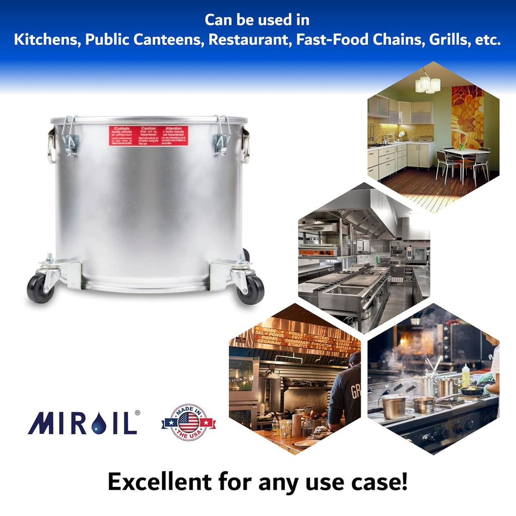 MirOil 7 Gallon Oil Disposal Caddy with Caster Wheels, USA Made Deep Fryer Grease Bucket Pot with Lid Lock & Lock Clip, 35Lb. Frying Oil Disposal Storage Container, Filtering Hot Cooking Grease - 40LC