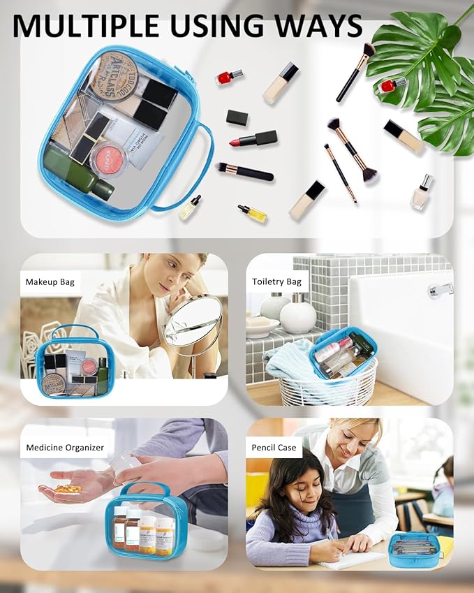 Moyad TSA Approved Clear Toiletry Bag, 2 Pack Quart Size 3-1-1 Liquids Pouch for Travel, Transparent Makeup & Cosmetic Organizer for Women Men, Blue