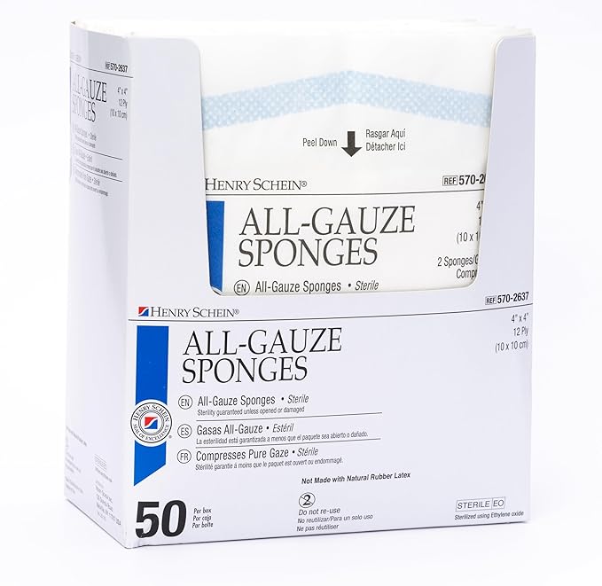 Premium 100% Cotton All-Gauze Sponge 4x4 12 Ply Sterile Square for Wound Care & Home First Aid Kits - 2 Packs (50 /Pack)
