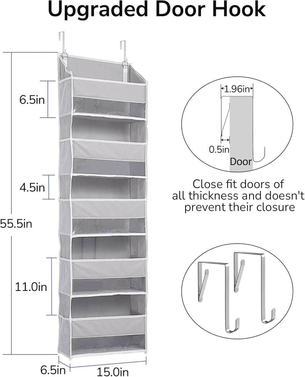 ULG 1 Pack Over Door Organizer with 5 Large Pockets 10 Mesh Side Pockets, 44 lbs Weight Capacity Hanging Storage Organizer with Clear Window for Kids Toys, Shoes, Diapers, Grey, 5 Layer
