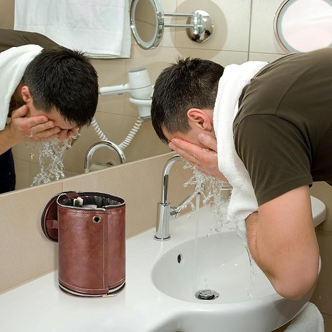 Luxspire Toiletry Bag for Men, Travel Toiletry Organizer Dopp Kit, PU Leather Water-resistant Shaving Bag for Toiletries Accessories, Gift for Mens, Brown