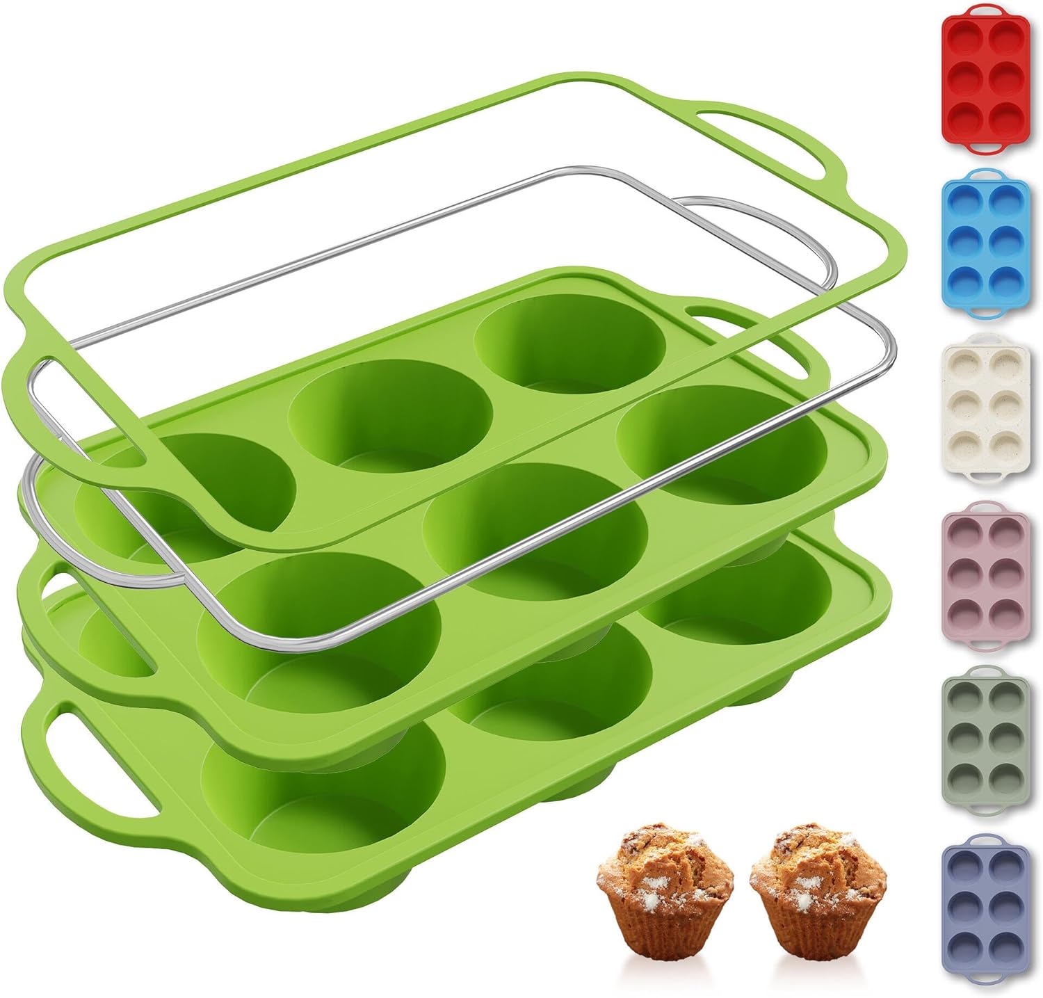 2 Packs 6 Cups Silicone Muffin Pan with Metal Reinforced Frame Jumbo Size Cupcake Pan Tray Egg Bites Silicone Circle Cookie Molds Muffin Tin Tart Pans Baking Sheet Set for Breakfast Sandwiches