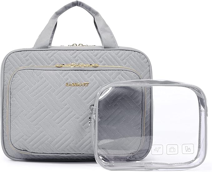 BAGSMART Toiletry Bag Hanging Travel Makeup Organizer with TSA Approved Transparent Cosmetic Bag Makeup Bag for Full Sized Toiletries, Large-Grey