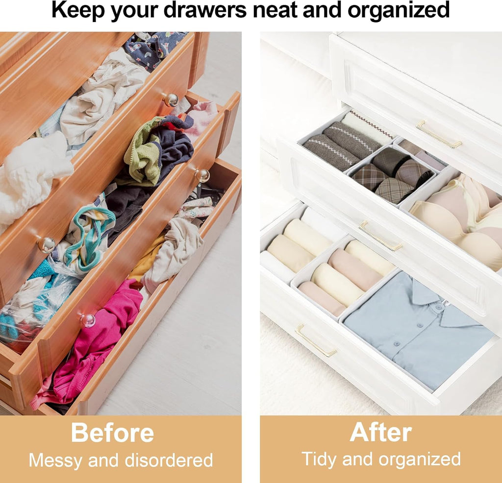 16 Pcs Drawer Organizer,Fabric Closet Organizer and Storage Baskets,Foldable Drawer Divider for Clothing,Sock,Ties,Underwear Drawer Organizers,Cabinet Storage Boxes (White)