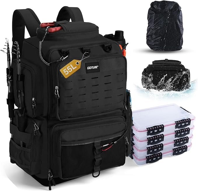 Goture IPX EVA Bottom Fishing Tackle Bag with Rod Holder, Waterproof 600D Fishing Backpack with 8 Lure Pockets & Rain Cover