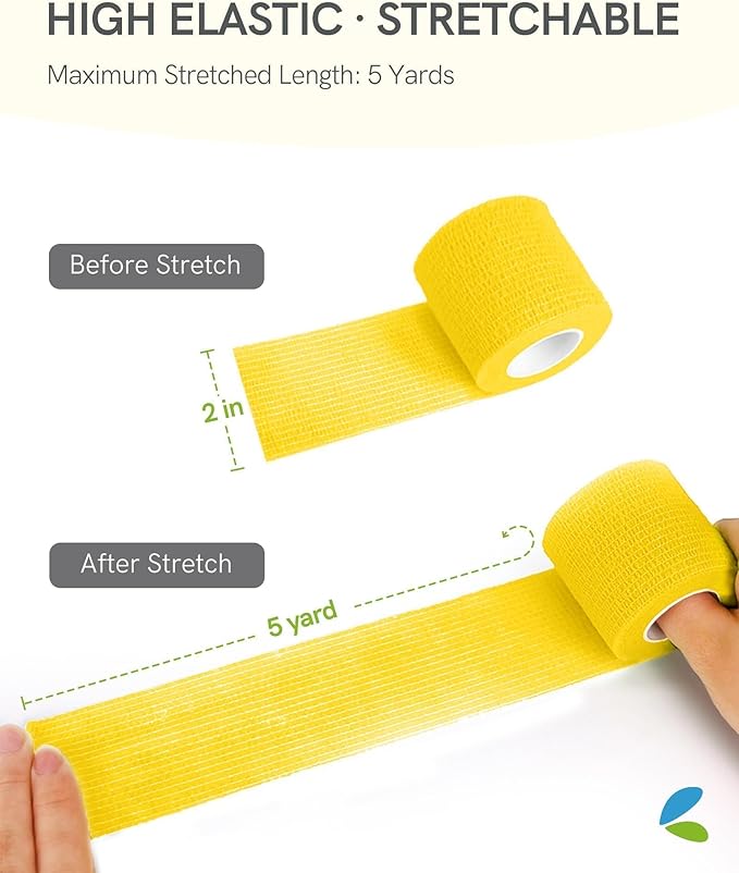 FriCARE Self Adhesive Bandage Wrap, Medical Tape in First Aid Kit, Cohesive Bandages for Wounds Sport Vet, FSA/HSA Eligible, 2 Inches X 5 Yards 6 Rolls, Yellow