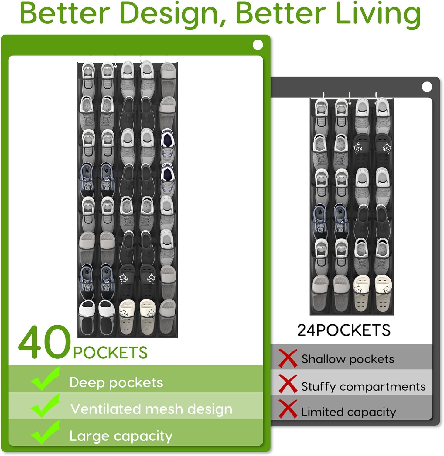 Unjumbly Over the Door Shoe Organizer with 40 Large Breathable Mesh Pockets, Space Saving Shoe Holder, Hanging Shoe Rack for Entryway Bedroom Closet Storage (Black, 40 Pockets)