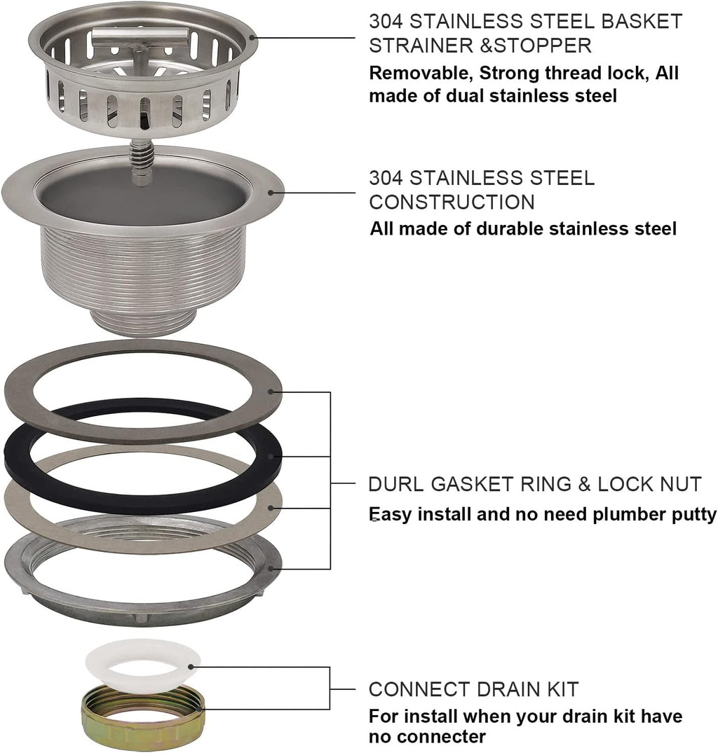 3-1/2 Inch Brushed Nickel Sink Strainers for Kitchen Sink, Stainless Steel Kitchen Sink Drain Strainer Assembly with Strainer Basket And Drain Stopper, US Standard Kitchen Sink Drain Replacement