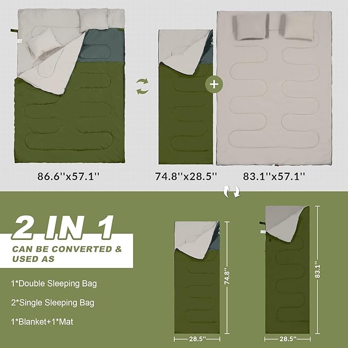 Double Sleeping Bag with 2 Pillows for Adults, Queen Size XL Sleeping Bag Waterproof, Compact with Compression Sack, 2 Person Sleeping Bags for 3-4 Seasons Camping, Backpacking, Hiking, Travel