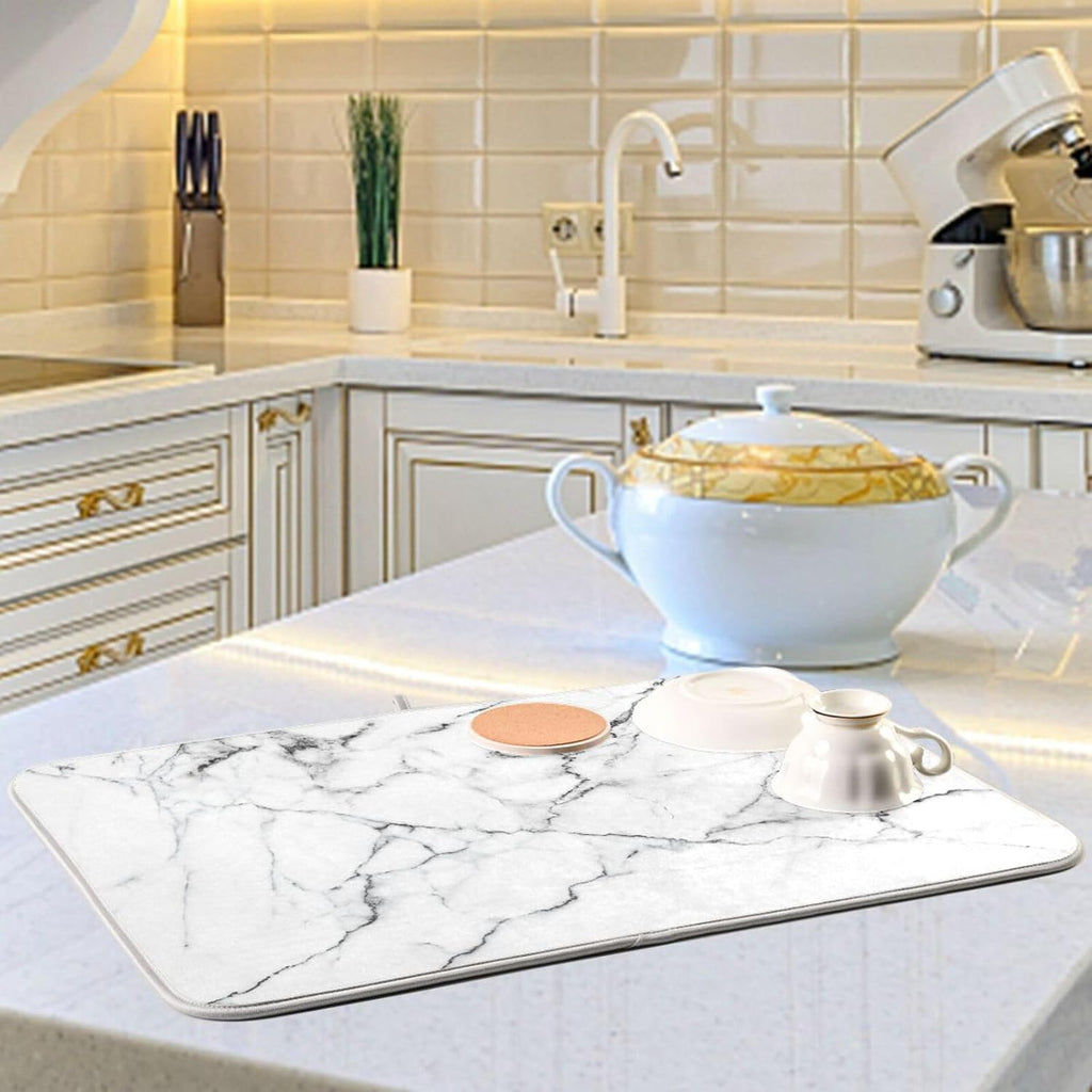 White Grey Marble Dish Drying Mat for Kitchen Counter Absorbent Microfiber Drying Pad, Medium 16x18 in, Reversible Drainer Mats
