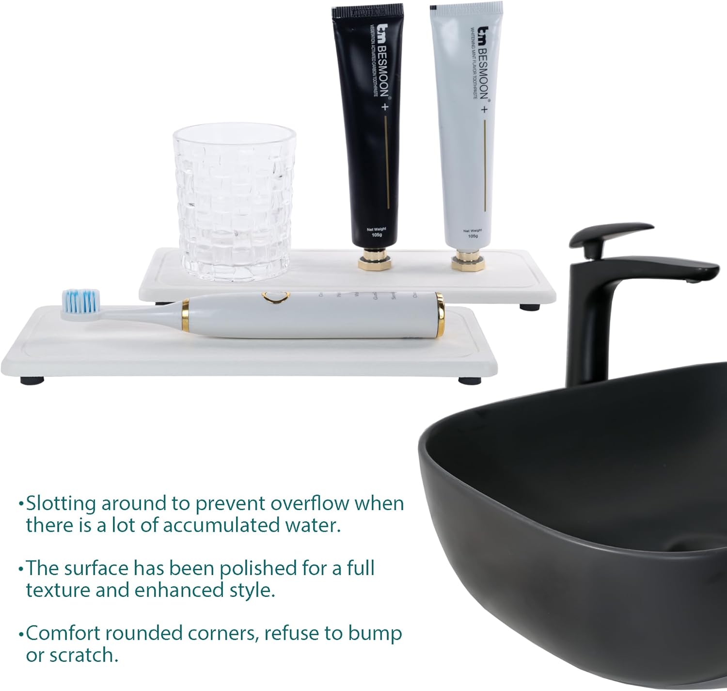 2 Pcs Water Absorbing Stone Trays, Kitchen/Bathroom Sink Soap Dish, Diatomite Tray Used for Hand Soap & Cosmetic Bottles in The Modern Home, 4" W x 10.2" L, White