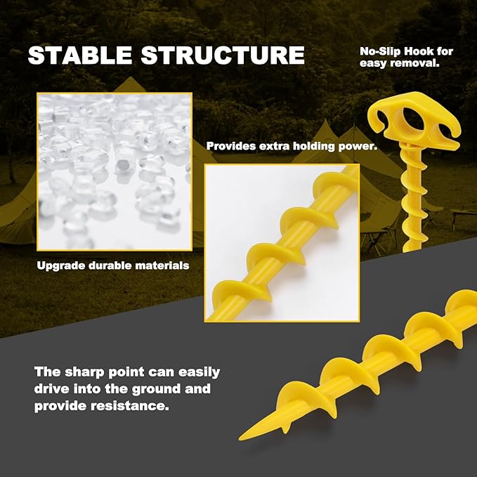 Tent Stakes Sand Stakes for Beach Tent 16 Pack Spiral Anchor Stakes 9.4 Inch Heavy Duty Screw Canopy Stakes for Camping, Hiking and More (16, Yellow)