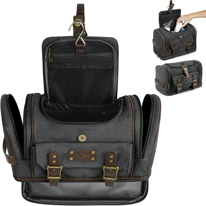 ARCFOX Travel Hanging Toiletry Bag for Men, Vintage Canvas Large Toiletry Bag with 7 Compartments, Camping Gym Travel Toiletry Kit Organizer with PVC Wet & Dry Pockets, Personalized Wash Bag, Black