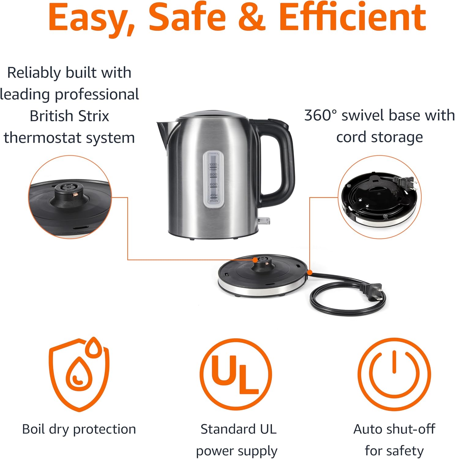 Amazon Basics 1.1Qt (1L) Electric Kettle, Tea Kettle & Water Boiler, with Auto Shut-Off, Boil Dry Protection, High-Safety Strix Thermostat, BPA-Free, 1500W, Stainless Steel, New Model, Black & Silver