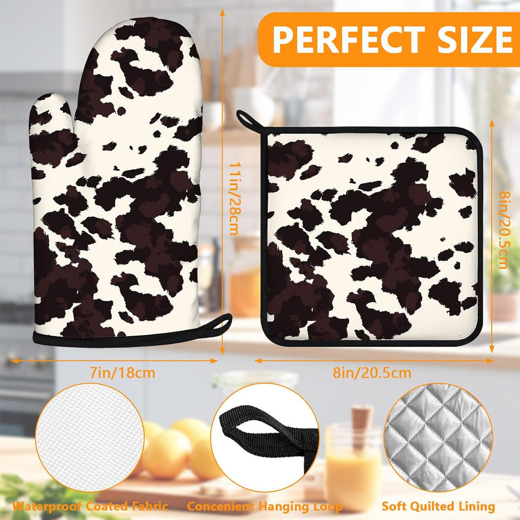 Black Cow Print Oven Mitts and Pot Holders Sets 4Pcs,Extra Long Oven Gloves Potholder for Kitchen Cooking Baking BBQ 100% Cotton Heat Resistant