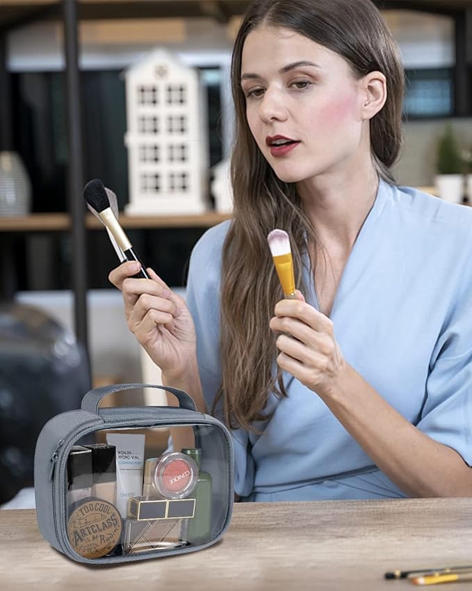 Moyad TSA Approved Clear Toiletry Bag with Handle, 1 Pack Quart Size 3-1-1 Liquids Pouch for Travel, Transparent Makeup & Cosmetic Organizer for Women Men, Grey