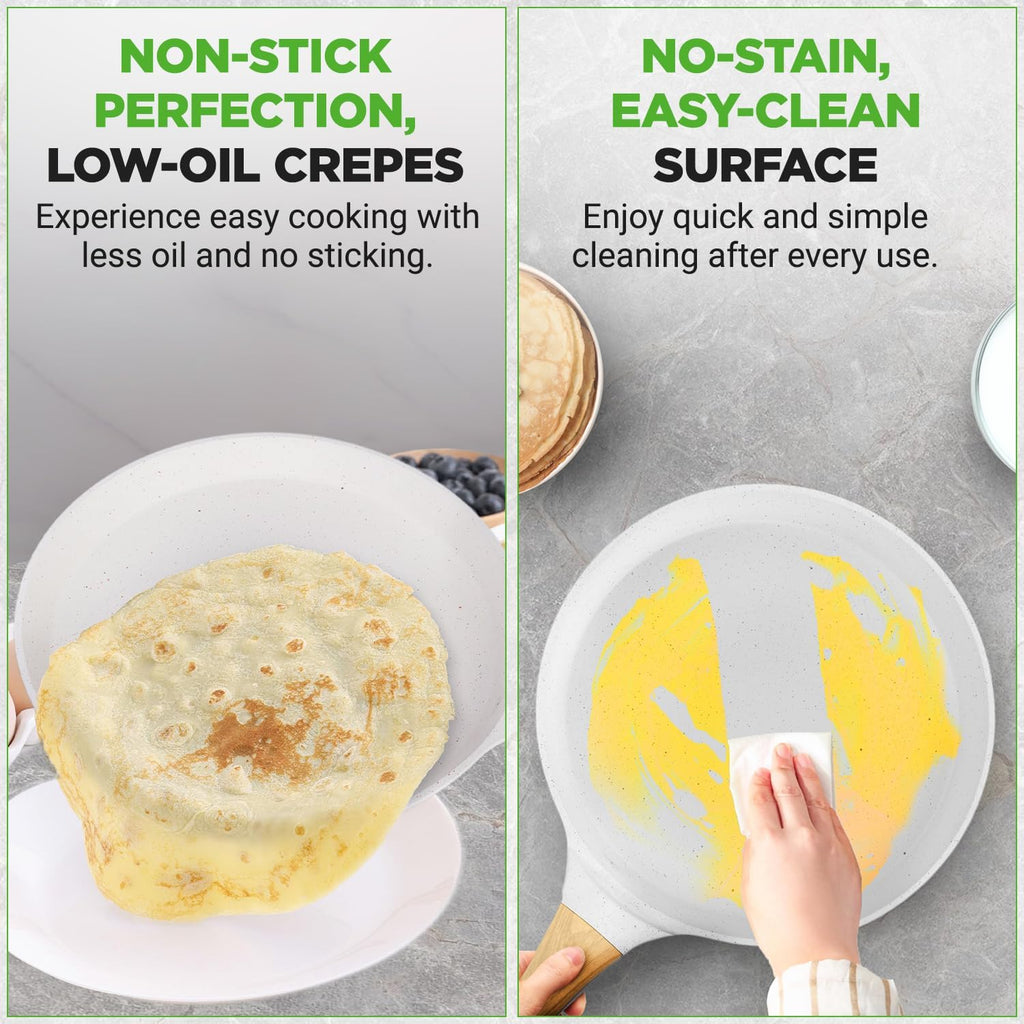 Nutrichef 2-Pack Non-Stick Crepe Pan Set, 9.4" Marble Coated Dosa Pans with Wooden Spreaders, Bakelite and Wood Handles, Induction-Compatible, Dishwasher Safe, Even Heat Distribution, White Cream