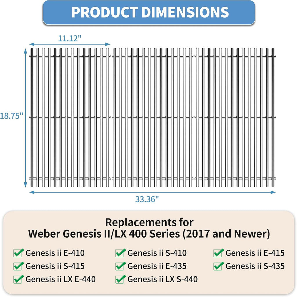 18.7" SUS304 9MM Cooking Grates for Weber Genesis II 400 and Genesis II LX 400, Genesis II/LX E410 E415 E435 E440 S410 S415 S435 S440 Series Grills, 3 Packs Grill Grate Parts for Weber 66089