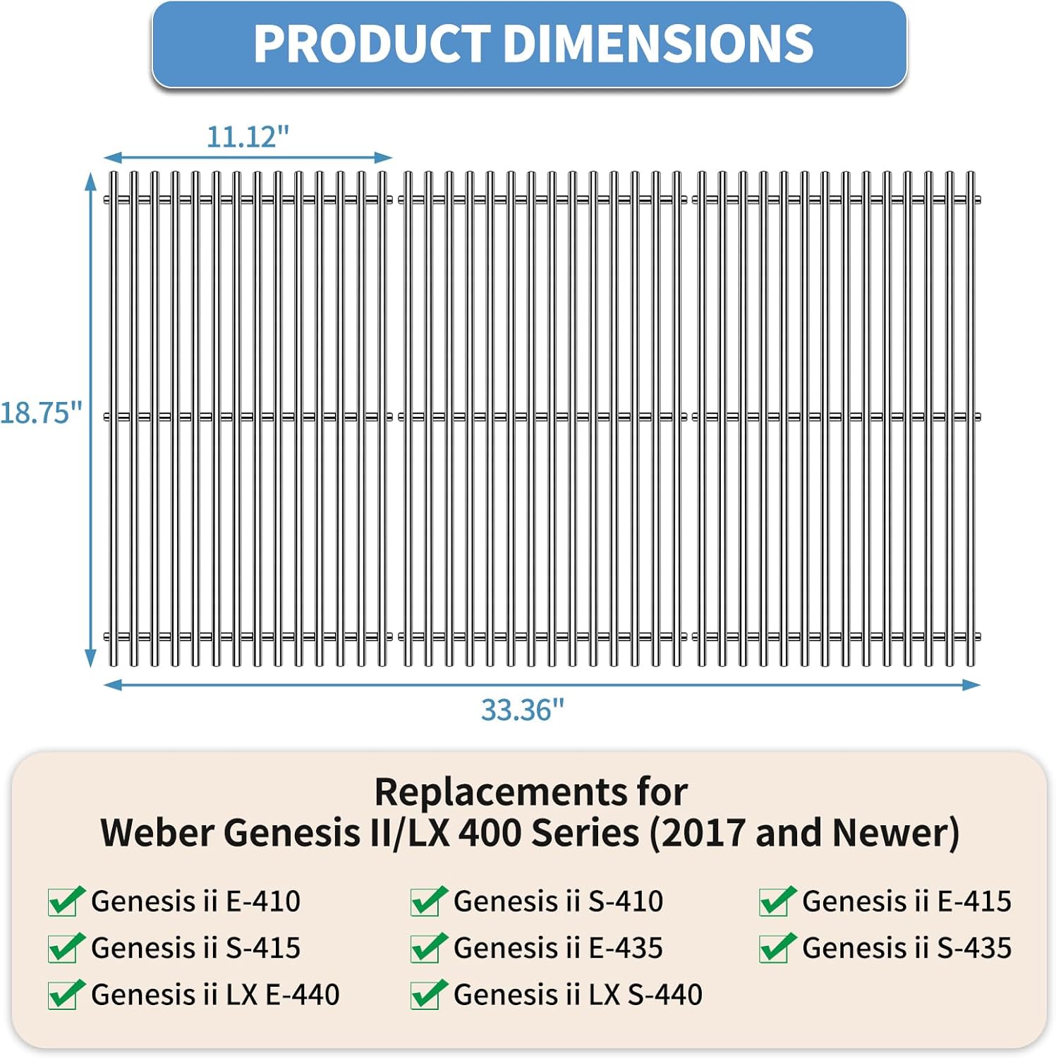 18.7" SUS304 9MM Cooking Grates for Weber Genesis II 400 and Genesis II LX 400, Genesis II/LX E410 E415 E435 E440 S410 S415 S435 S440 Series Grills, 3 Packs Grill Grate Parts for Weber 66089