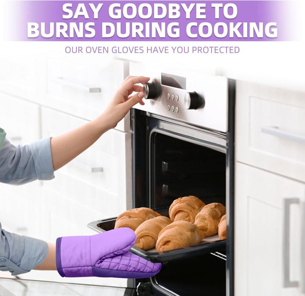 Mini Oven Mitts, Kitchen Oven Gloves Kitchen Mittens 500 Degrees Heat Resistant Baking Gloves, Non-Slip Silicone Surface with Hanging Loops Hot Gloves for Cooking, Baking, BBQ 1 Pair-Purple