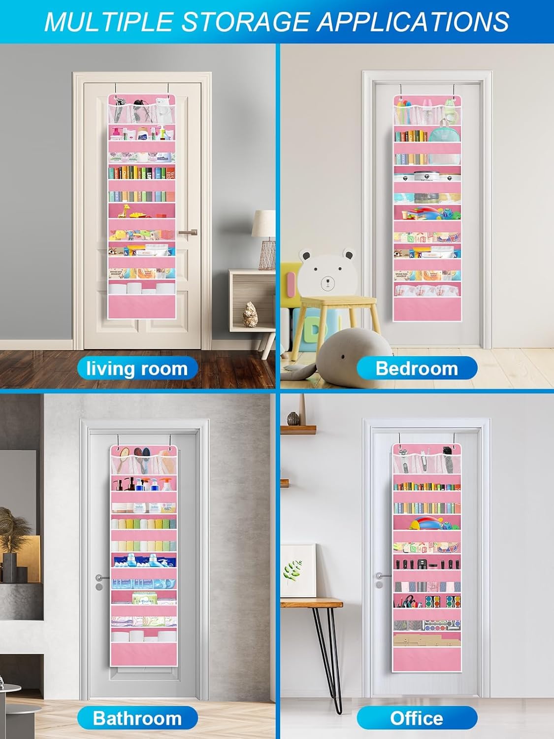 Over the Door Organizers Storage - 6 Shelf Hanging Storage shelves Door Organizer with Pockets, Anti Tilt 44 lb Load Behind Door Organizer for Bedroom,Nursery,Bathroom,Kitchen,Dorm,Shoe - 1 Pack, Pink