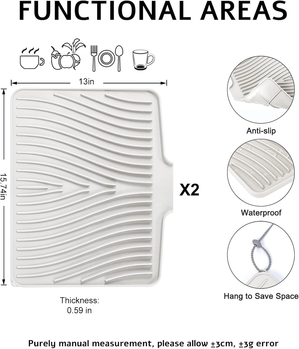 Dish Drying Mat, Stone Drying Mat for Kitchen Counter with Built-in Drain, Non-Slip Drying Matt Kitchen Counter, Heat Resistant Silicone Drying Mat, Dish Drying Pad, 2 Pcs(15.8"X 13", Cream)