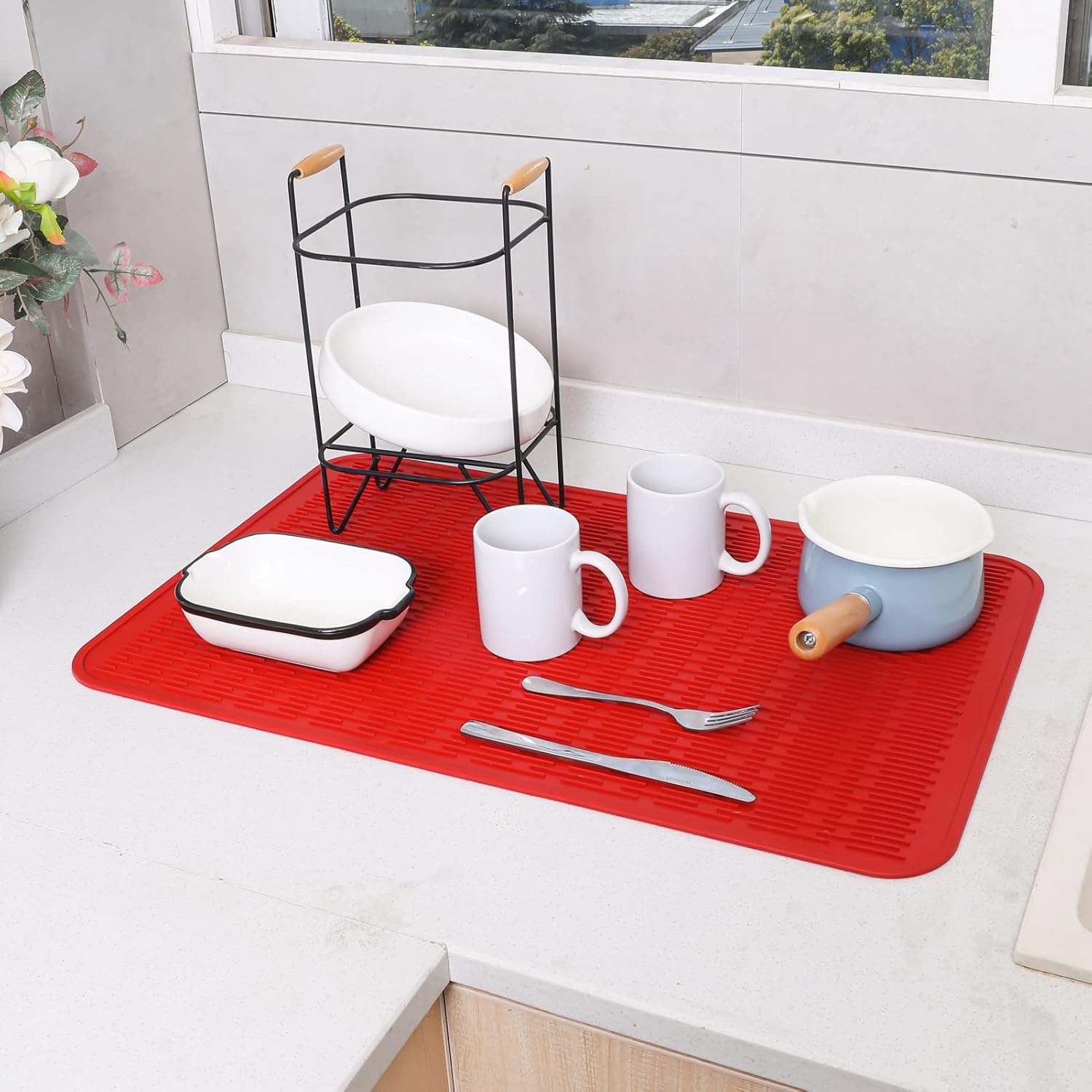 Silicone Dish Drying Mat for Multiple Usage,Easy clean,Eco-friendly,Heat-resistant Silicone Mat for Kitchen Counter or Sink,Refrigerator or Drawer Liner Red 3XL 28 inches x 18 inches